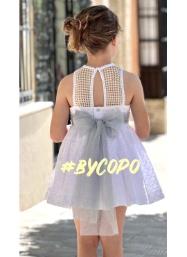 VESTIDO BLANCO LAZOS TUL VERDW AGUA